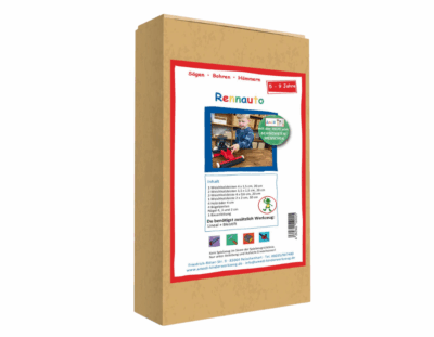 Bastelbox mit Abbildung Kind mit Rennauto